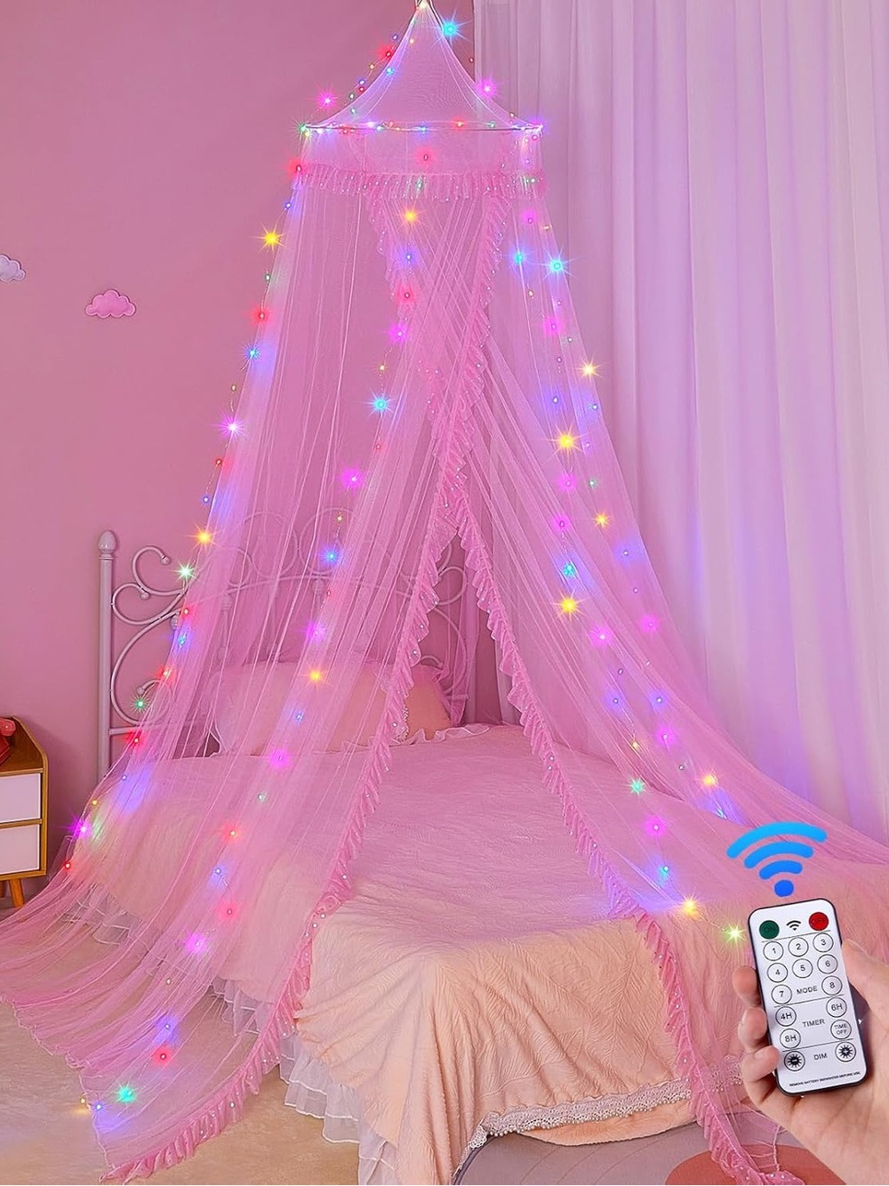 Pink Canopy Bed Net with Multicolor with LED Lights